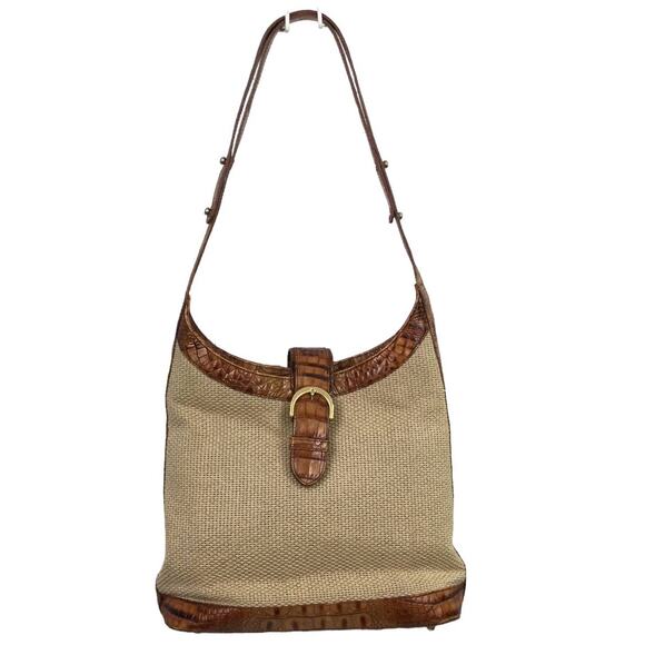 Brahmin Woven Beige Fabric Brown Croc Leather Trim Single Strap Shoulder Bag - Picture 1 of 16